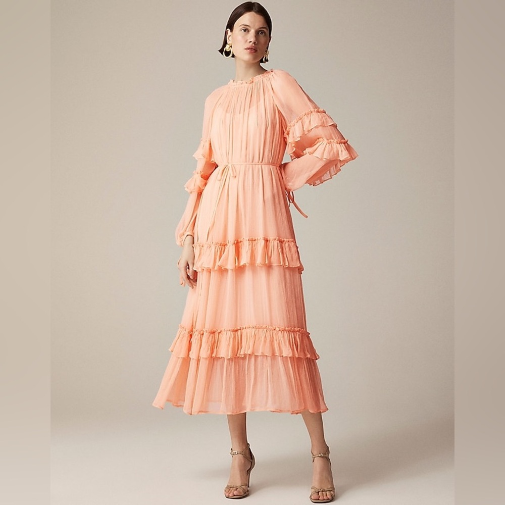 NWT J.Crew Tiered ruffle dress in chiffon 4 Glowy Peach Capro Bridesmaid Preppy